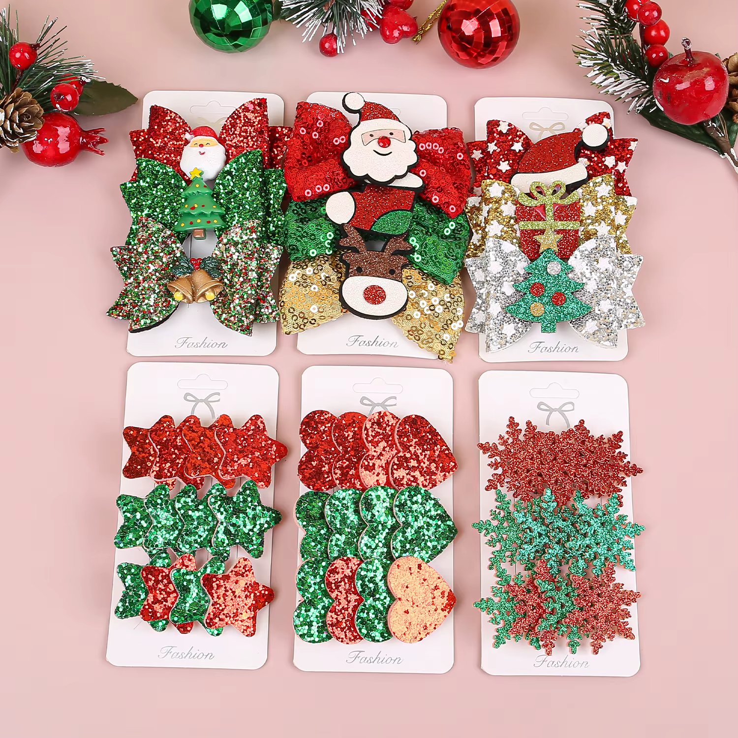 3pcs Christmas Elk Hair Bows Girls Santa Claus Hair Clip Heart Star Barrettes Children Kids Christmas Party Hair Accessories