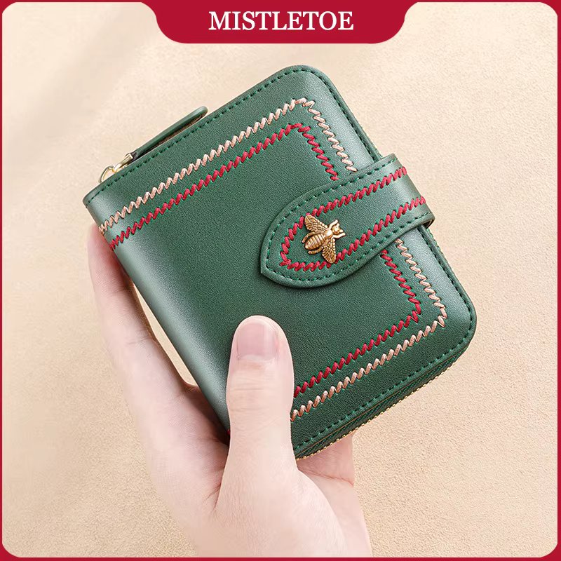 Bee Pattern Women Cow Leather Coin Wallet Original Anti RFID Short Purse for Girl Green Black Color Birthday Gifts