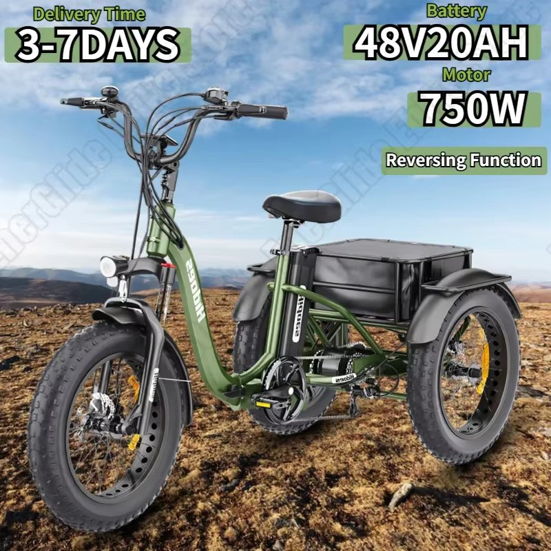 Electro Tricycle 750W Powerful Motor 48V20AH Lithium Battery Electro Trike Reversing Function 20*4-in Fat Tire Mountain E-Trike