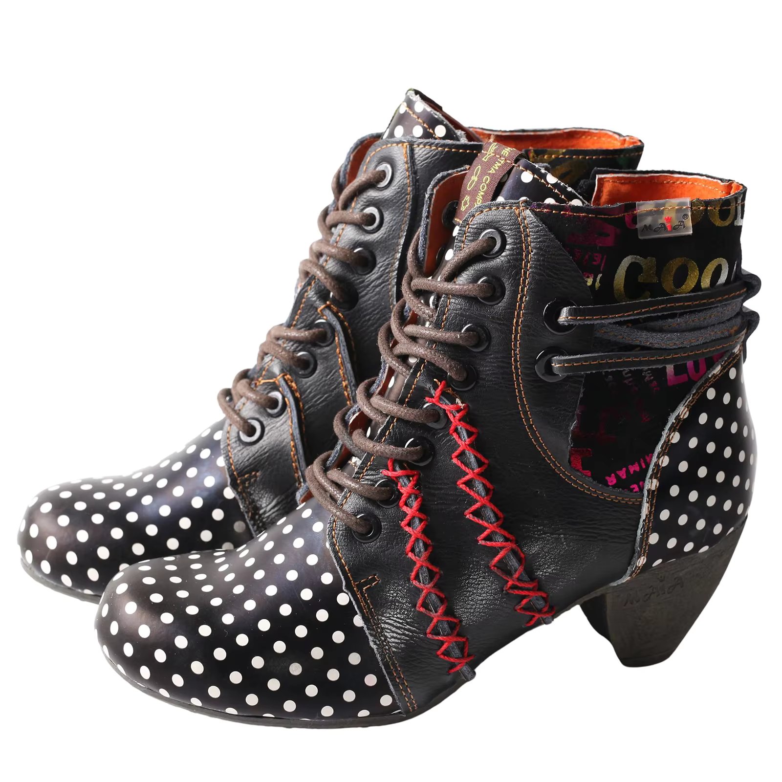 TMA EYES Polka Dot Leather Women Boots with Moccasin Hand Stitching with Four Seasons
