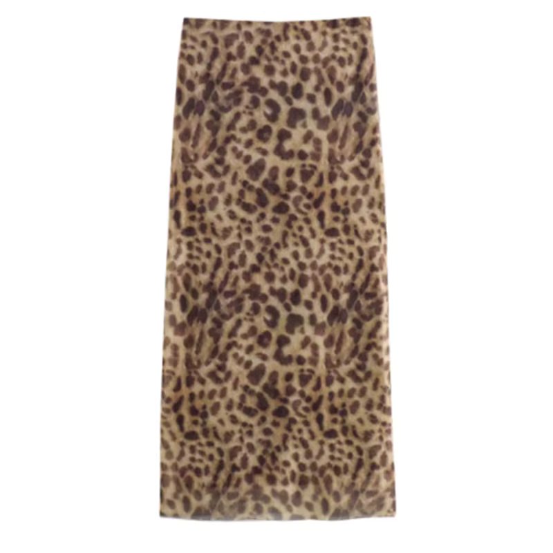 Women Leopard Tulle Midi Skirt 2024 Summer Fashion High Waist Elasticated Waistband Long Skirts Streetwear