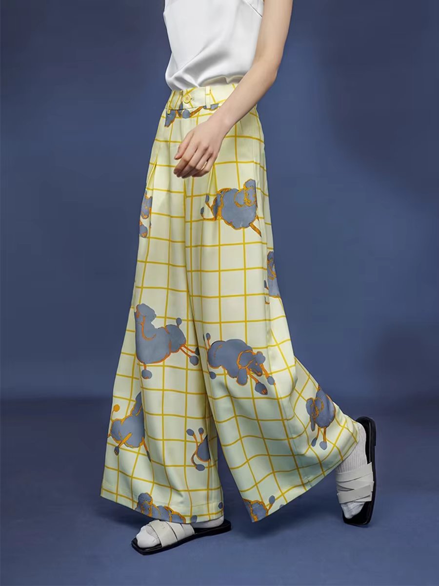 Women's Plaid Wide Leg Pants, Hand Drawn Illustrations, Lemon Yellow