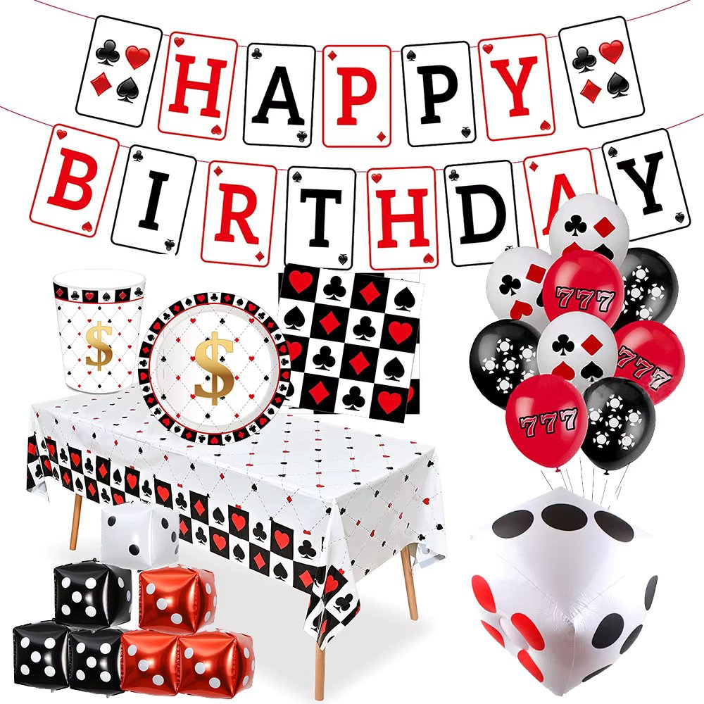 Casino Party Theme Hanging Banner Poker Tablecloth Plate Cups Latex Balloon Birthday Theme Decorations Las Vegas Party Supplies