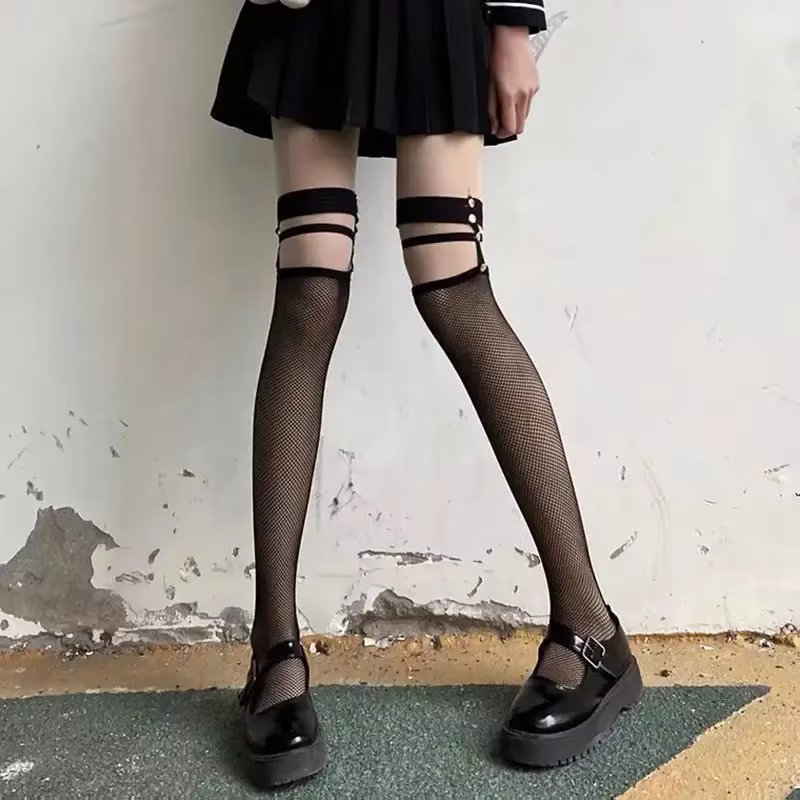 Gothic Dark Long Sexy Fishnet Stockings Women Kawaii Harajuku Emo Alt Mesh Tights Lingerie Skin Thigh Knee High Garters Hosiery