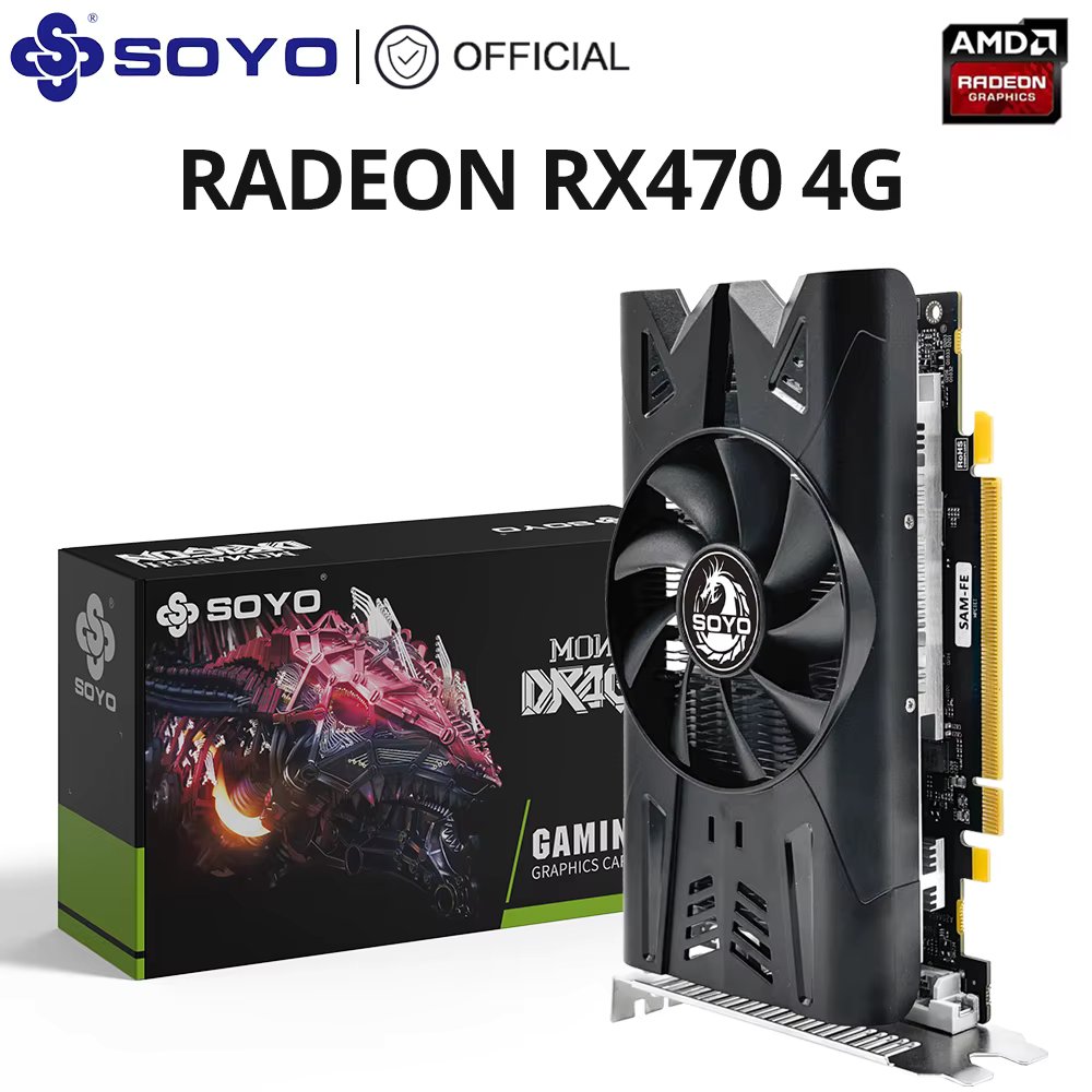 SOYO AMD Radeon RX470 4G Graphics Card GDDR5 Memory 256Bit Gaming Card PCIE3.0x16 DP DVI HDMI for Desktop Computers
