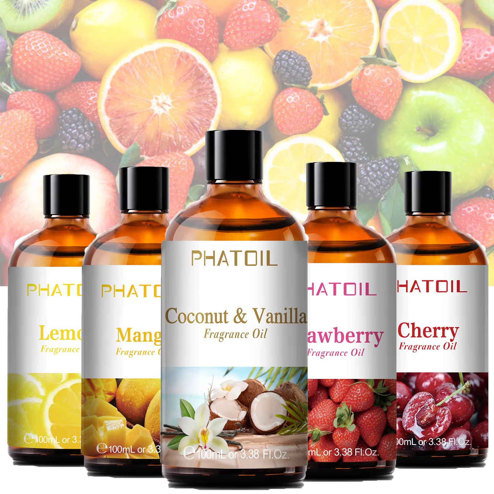 PHATOIL 100ml Fruit Series Fragrance Oils with Glass Dropper Coconut & Vanilla Strawberry Mango Cherry Aroma Oil For Diffuser