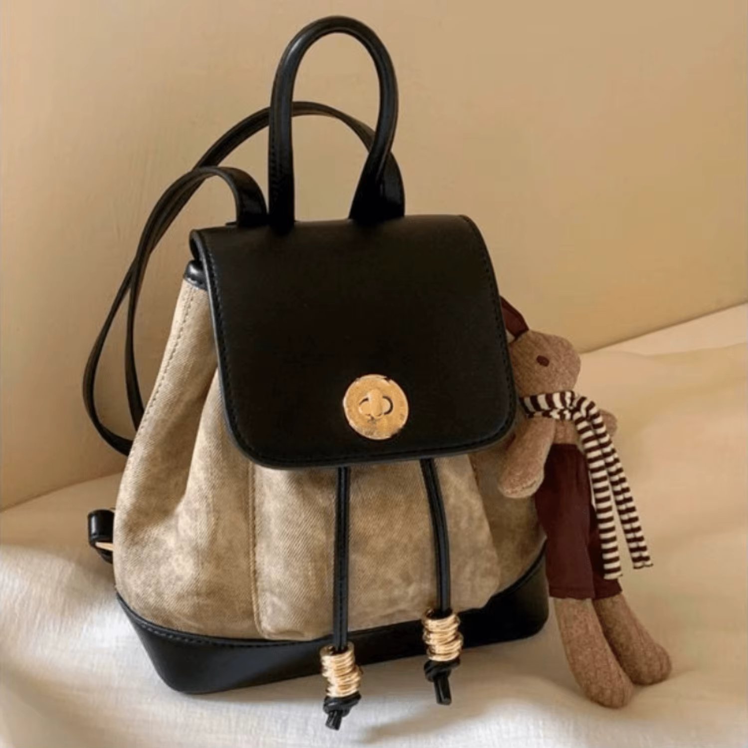 Women's Chic Mini Backpack With Doll Pendant, Faux  Stylish Dual-Strap Shoulder Bag With Drawstring, Casual Versatile Rucksack F