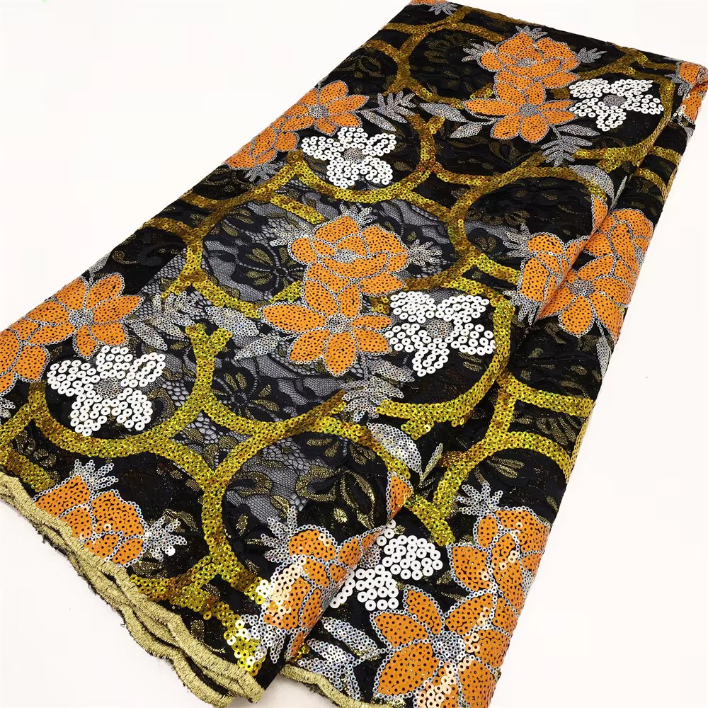 2024 High Quality African Lace Fabric French Net Sequins Fabric for Sewing Embroidered Lace Tulle Nigerian Lace Fabric 5 Yards