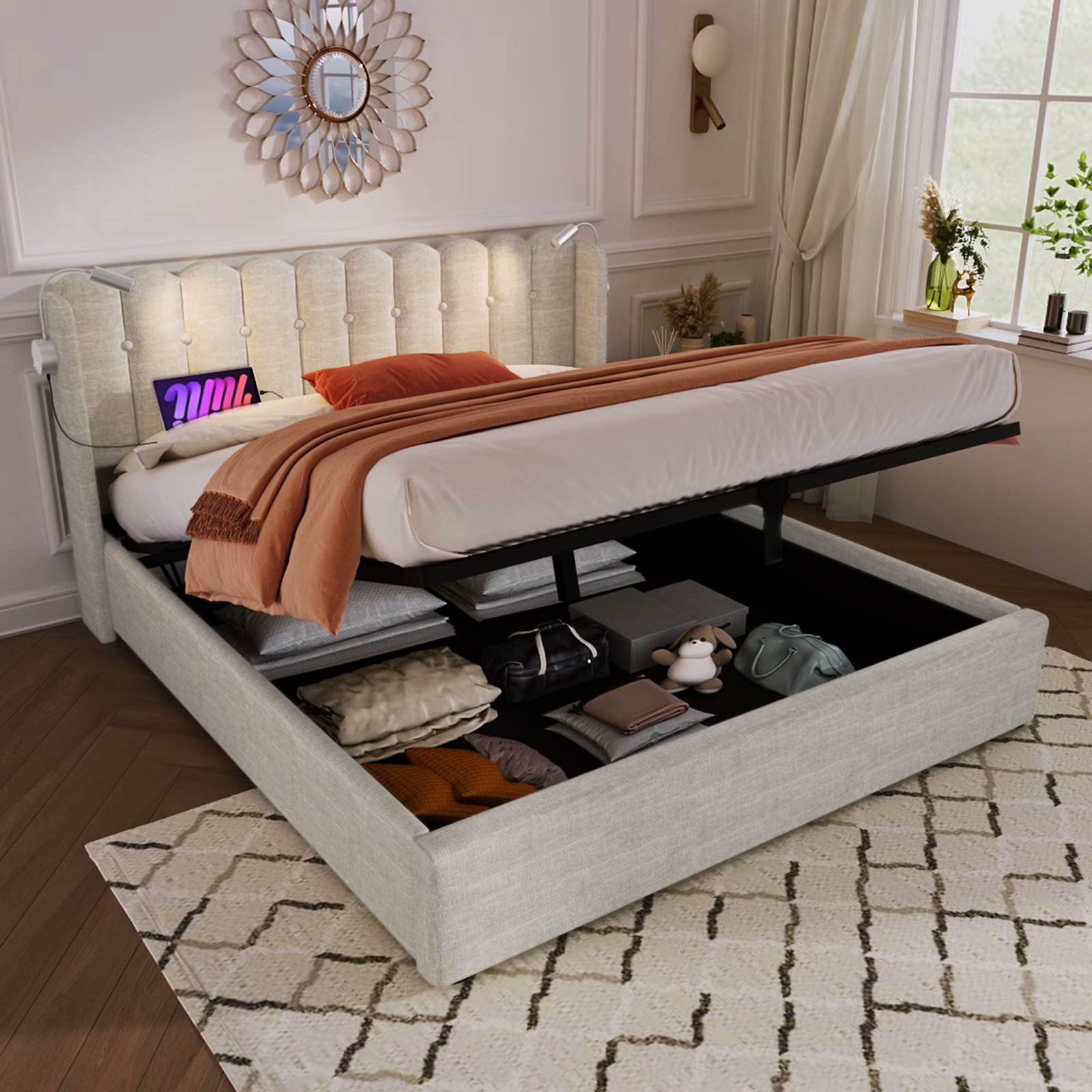 Double Bed with Headboard Storage space and Reading Light - Linen Material Youth Bed Frame with Slatted Frame(Without Mattress)