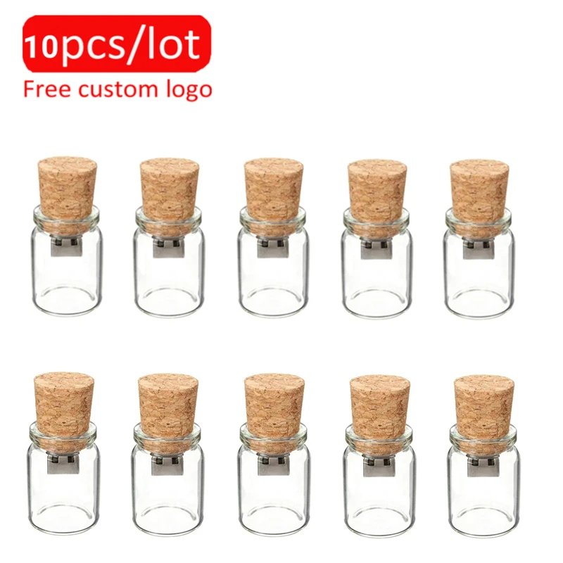 10PCS/LOT Free LOGO Glass Bottle USB2.0 Flash Drive 4G 8G 16GB 32GB High Speed Pen Drives Photography Gifts Memory Stick U Disk