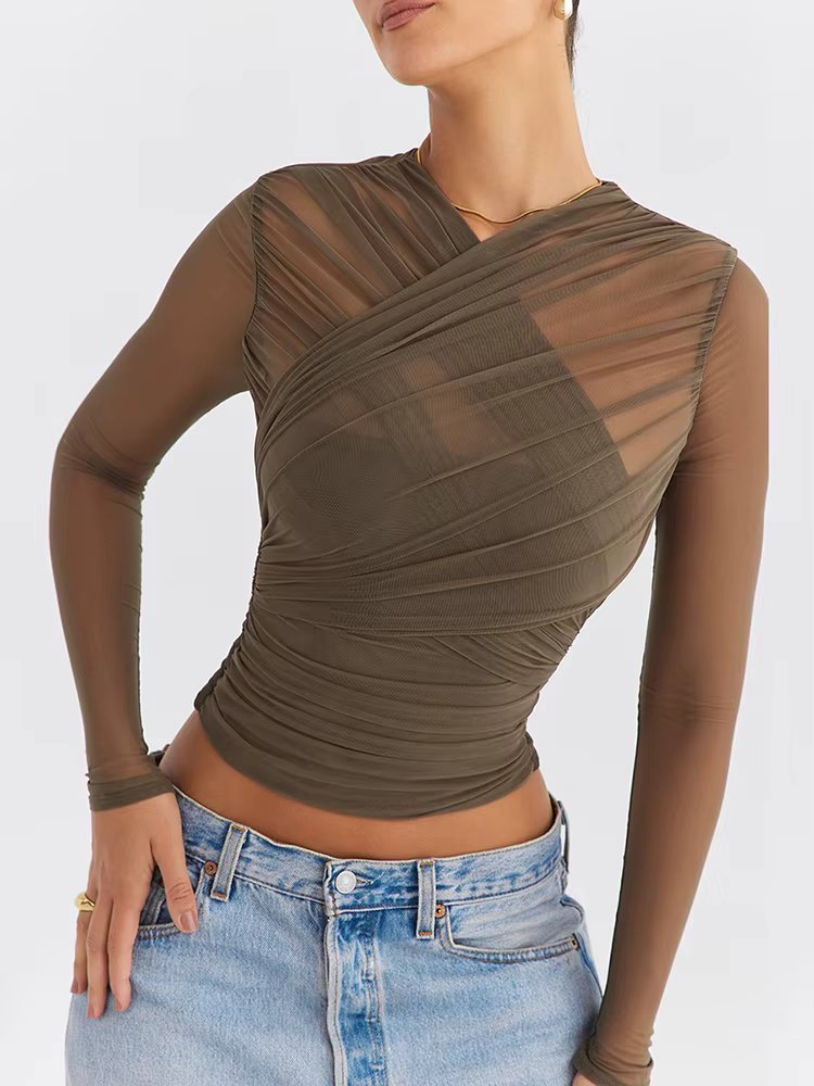 Mozision Sheer Mesh Long Sleeve Sexy T-shirt Women 2023 Autumn New V Neck Zipper Layered Skinny Club Party Sexy Tops
