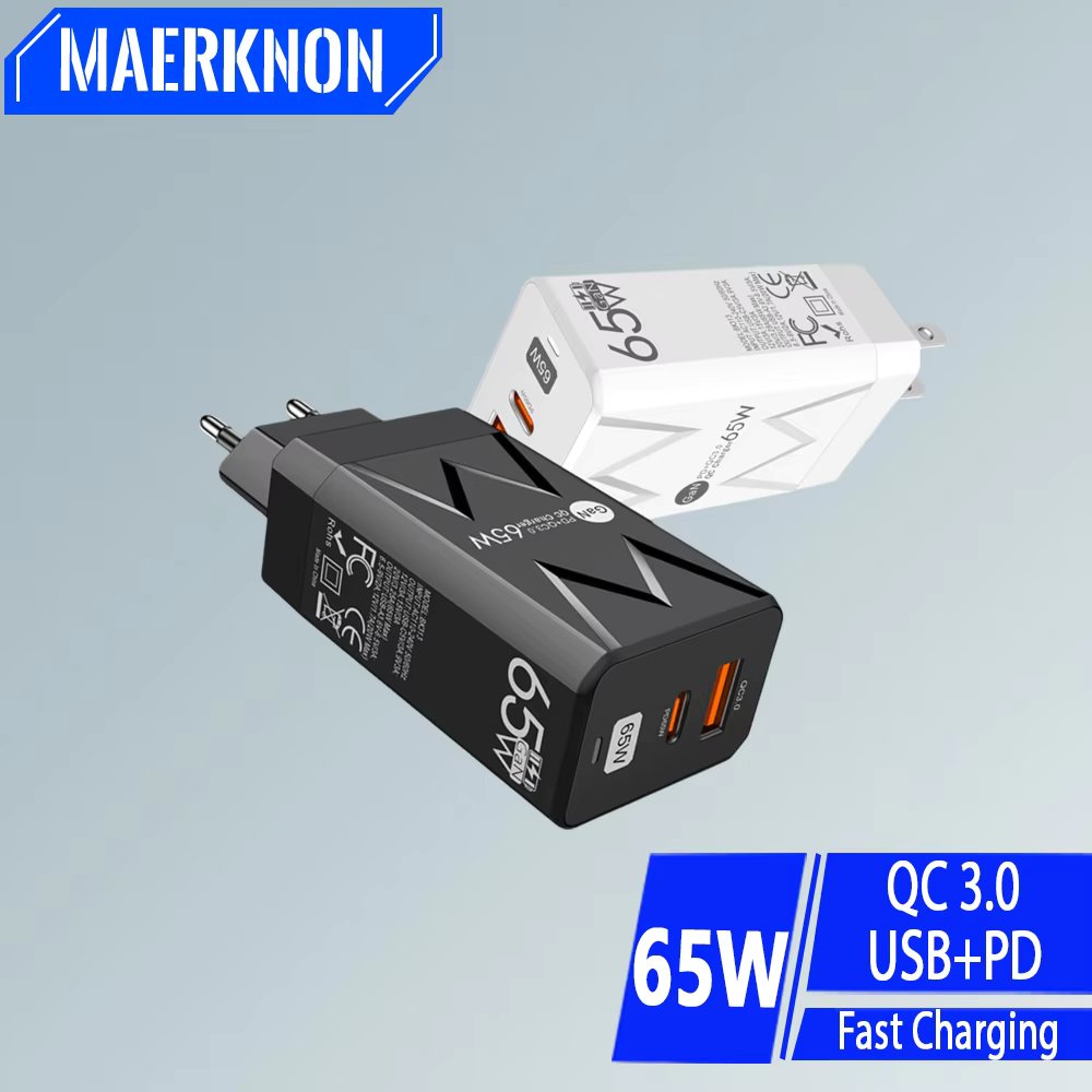 GaN 65W USB PD Charger 2 Ports USB Charger PD Charging Adapter For Laptop Macbook Air Pro iPad iPhone 15 Pro Max Samsung Xiaomi