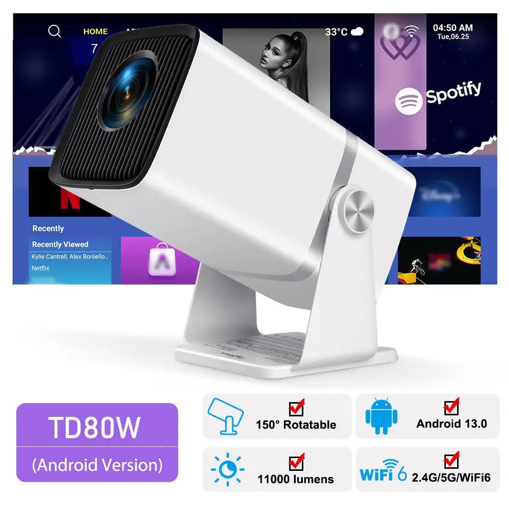 TD80W Full HD 1080P Projector 4K Android 13 Dual WiFi Mini Projetor Smart Home Theater Cinema Outdoor TD80 Portable Rotable Beam