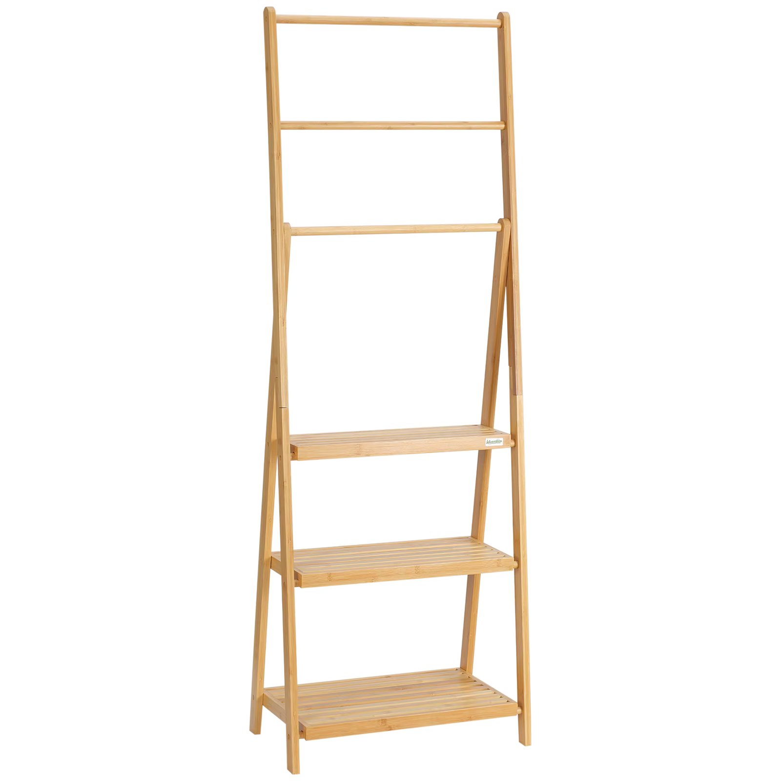 HOMCOM 3 Bar Bamboo Foot Rack Folding Stair with 3 Storage Shelves for Bathroom Laundry 53x30,5x152 cm Natural