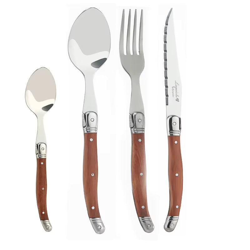 4-24pcs Laguiole Steak Knives Dinner Forks Table Spoon Mini Coffee Teaspoon Wood Handle Cutlery Restaurant  Bar Wooden Tableware