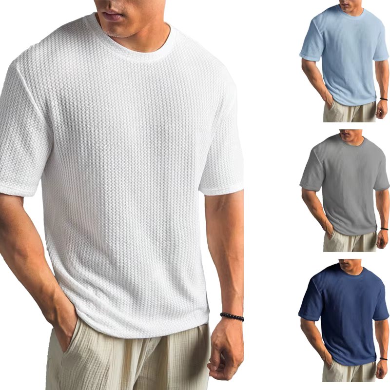 12 Colors New Summer Waffle Round Neck Short Sleeved T-shirt for Men's Short Sleeved Top Oversized
