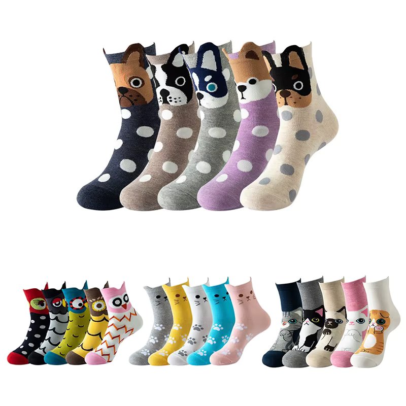 5 Pairs Kawaii Women Crew Socks Cartoon Cute Animal Cat Dog Bear Striped Spring Autumn Comfortable Female Casual Mid Tube Socks