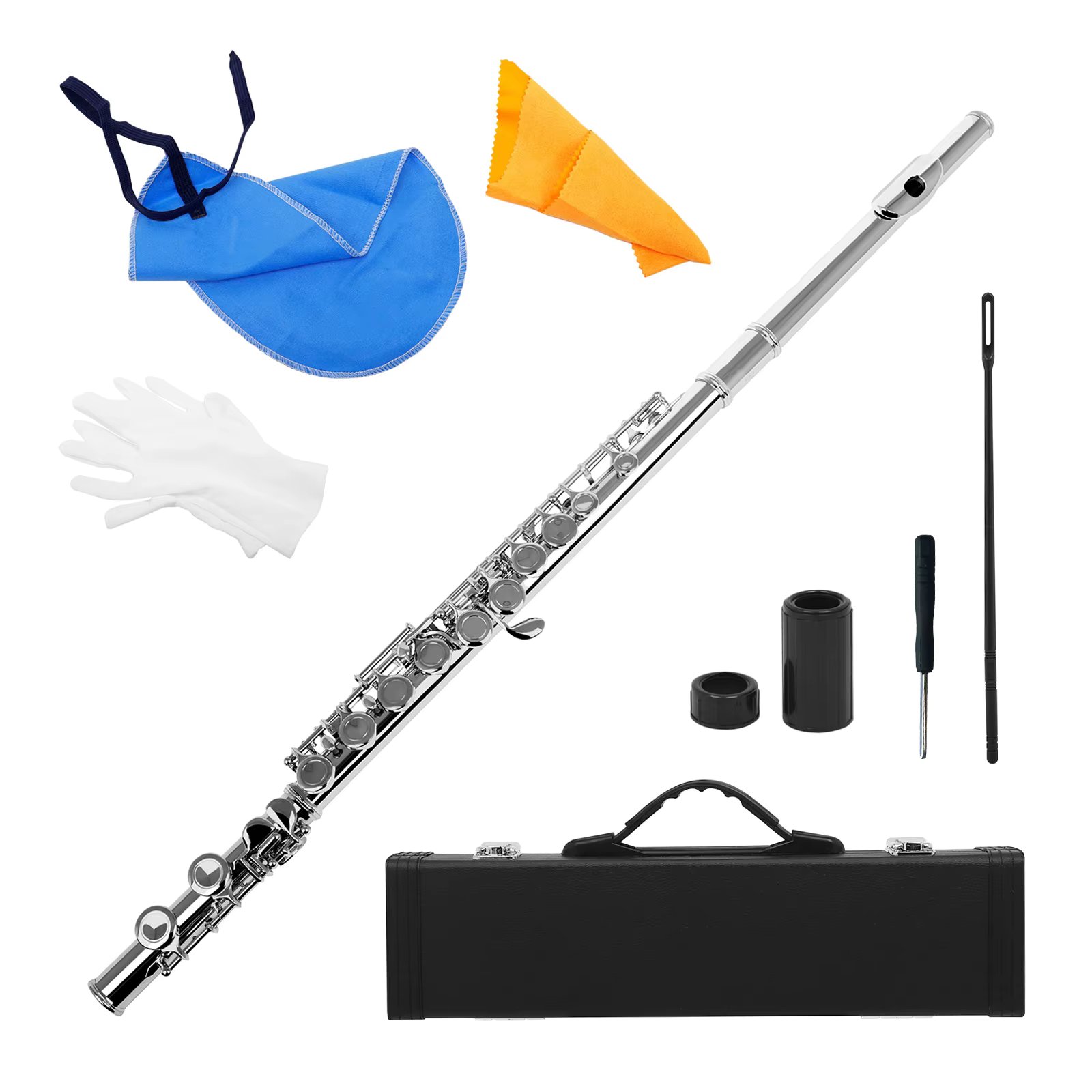 Western Concert Flute Cupronickel Nicke Plated 16 Holes C Key Woodwind Instrument with Cleaning Cloth Stick Gloves Mini Screwdri