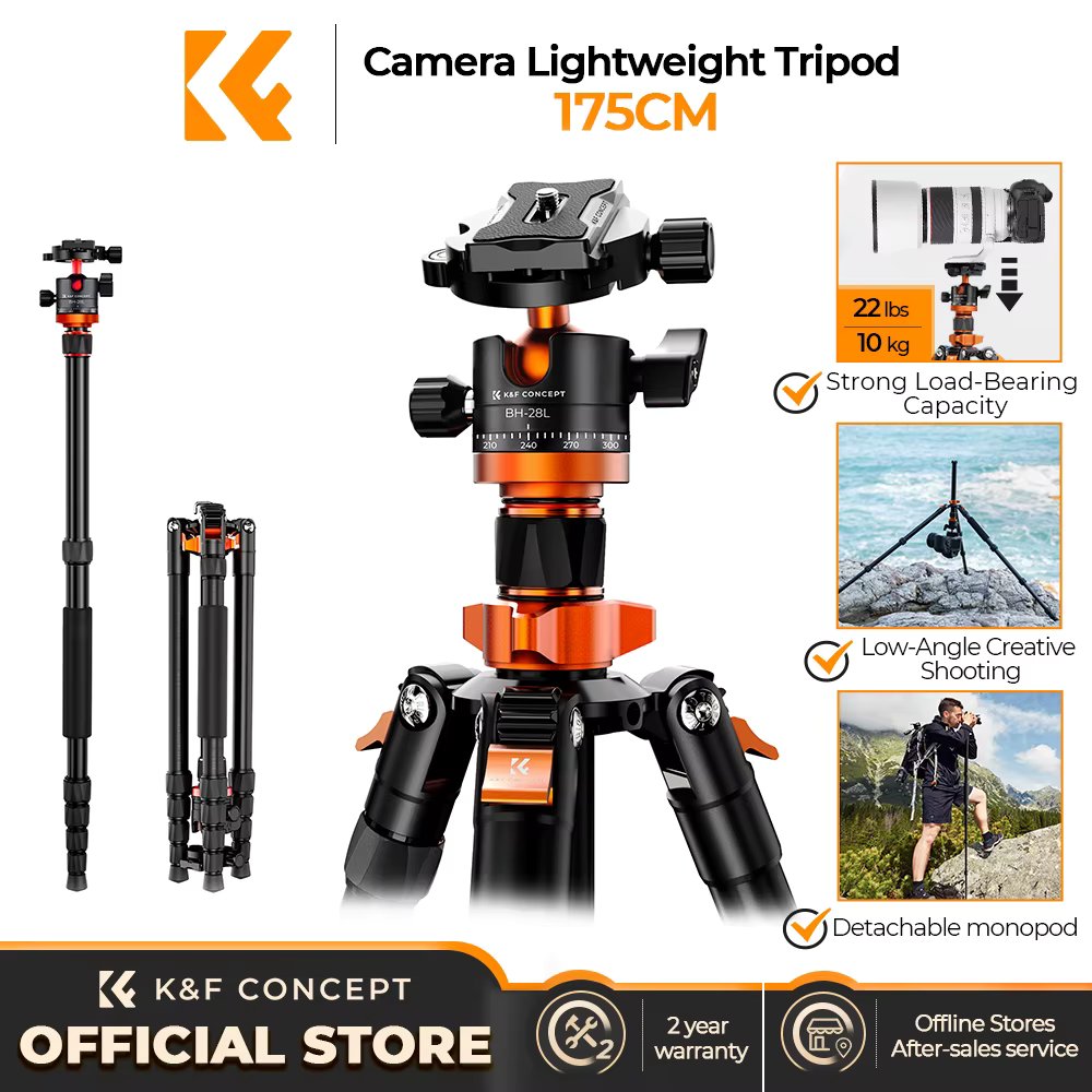 K&F Concept Travel Camera Tripod 68 Inch /175cm with Monopod 10kg/22lbs Load Capacity 360° Ball Head K255A4 Tripods for Camera