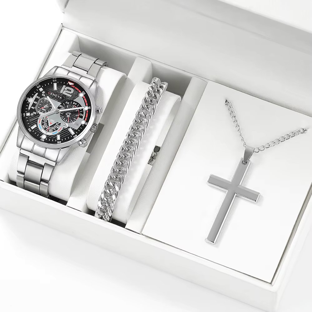 3pcs/set, Mens Calendar Stainless Steel Quartz Watch & Necklace & Bracelet Set, Ideal Choice for Gifts