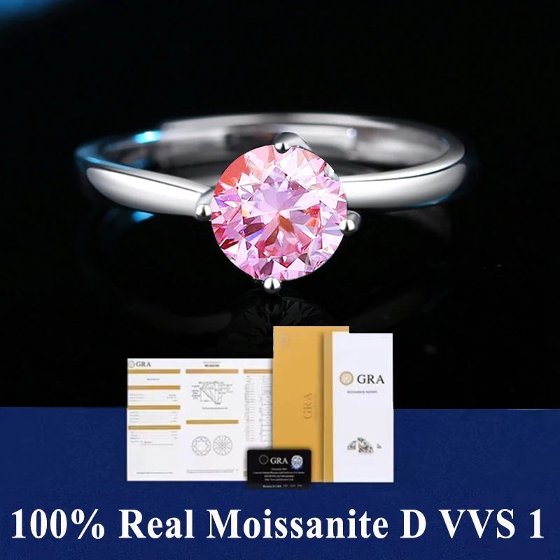 Real Moissanite 4 Prong Ring D VVS1 Pass Diamond Test Pen Adjustable Size S925 Sliver GRA Certificate Wedding Rings for Women