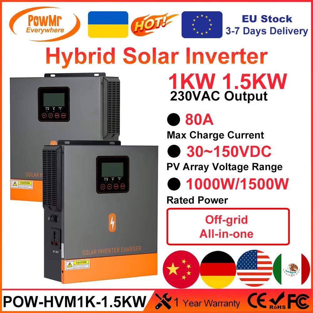 PowMr 1.5KW 1KW Solar Hybrid Inverter 12V 220V Pure Sine Wave With Charging MPPT 80A Solar Chage Controller Panel 150VDC Input