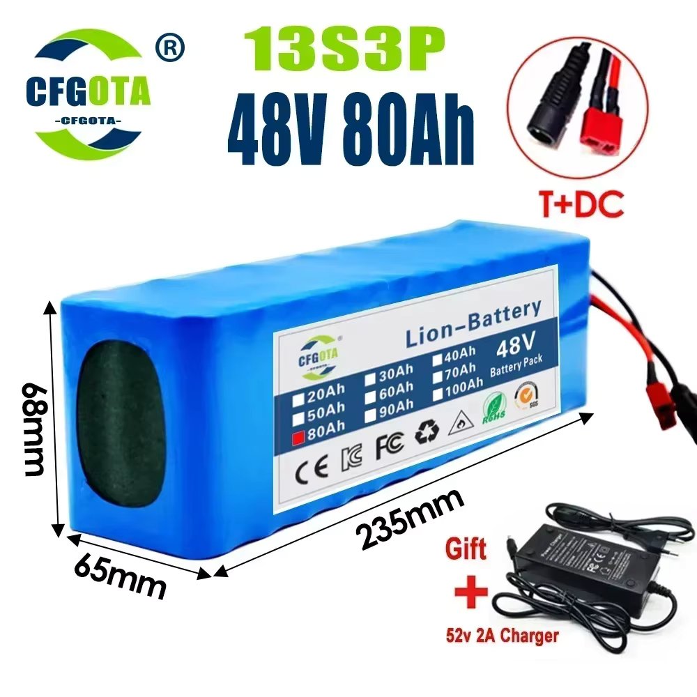 New 48V 100Ah 2000W 13S 3P DC/T Lithium Ion Battery Pack Suitable for 48V motors with BMS + 54.6V Charger