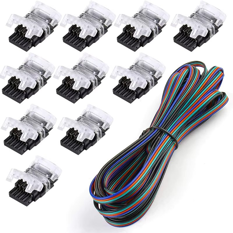 10pcs 4 Pin LED Connector for Waterproof 10mm RGB 5050 LED Strip to Wire Quick Connection Include 5M 22AWG 4pin Extension Cable