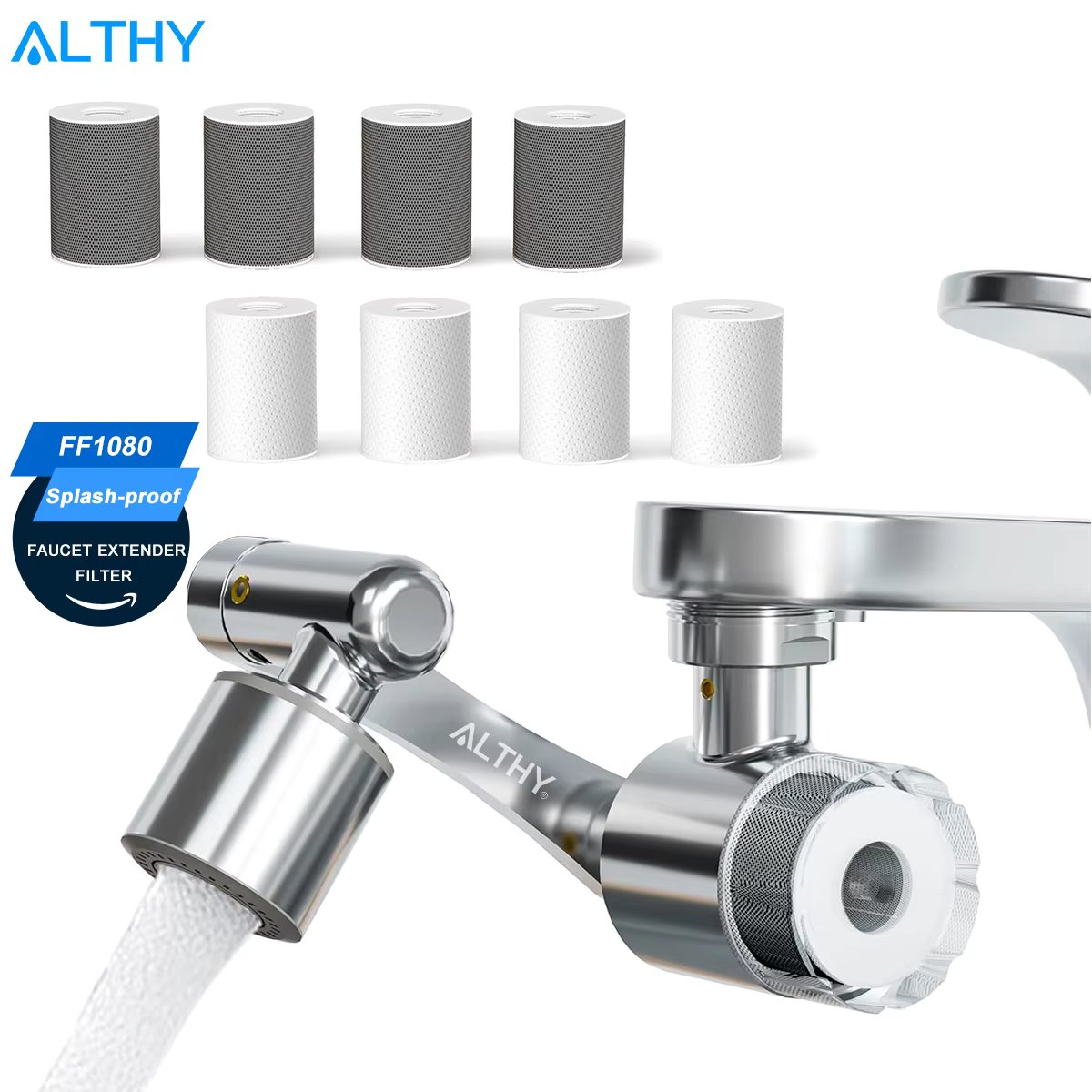 ALTHY  Faucet Extender Water Filter, Sink Splash-proof 1080° Rotating Tap Aerator,Reduce Lead Chlorine Odor, 2 Water Spray Modes