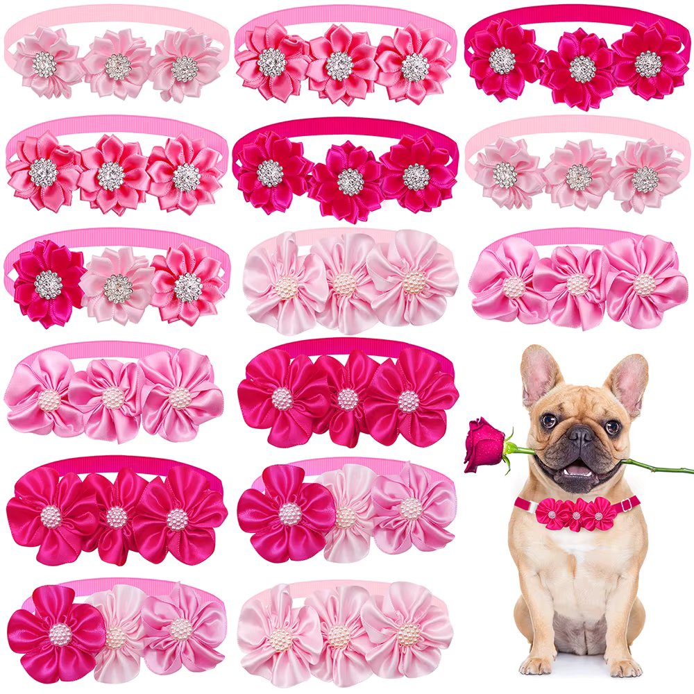 8PCS Valentine's Day Pet Decorate Bowtie with Diomand Grooming Flower Pink Dog Gifts for Small Dogs Accessories Wholesale