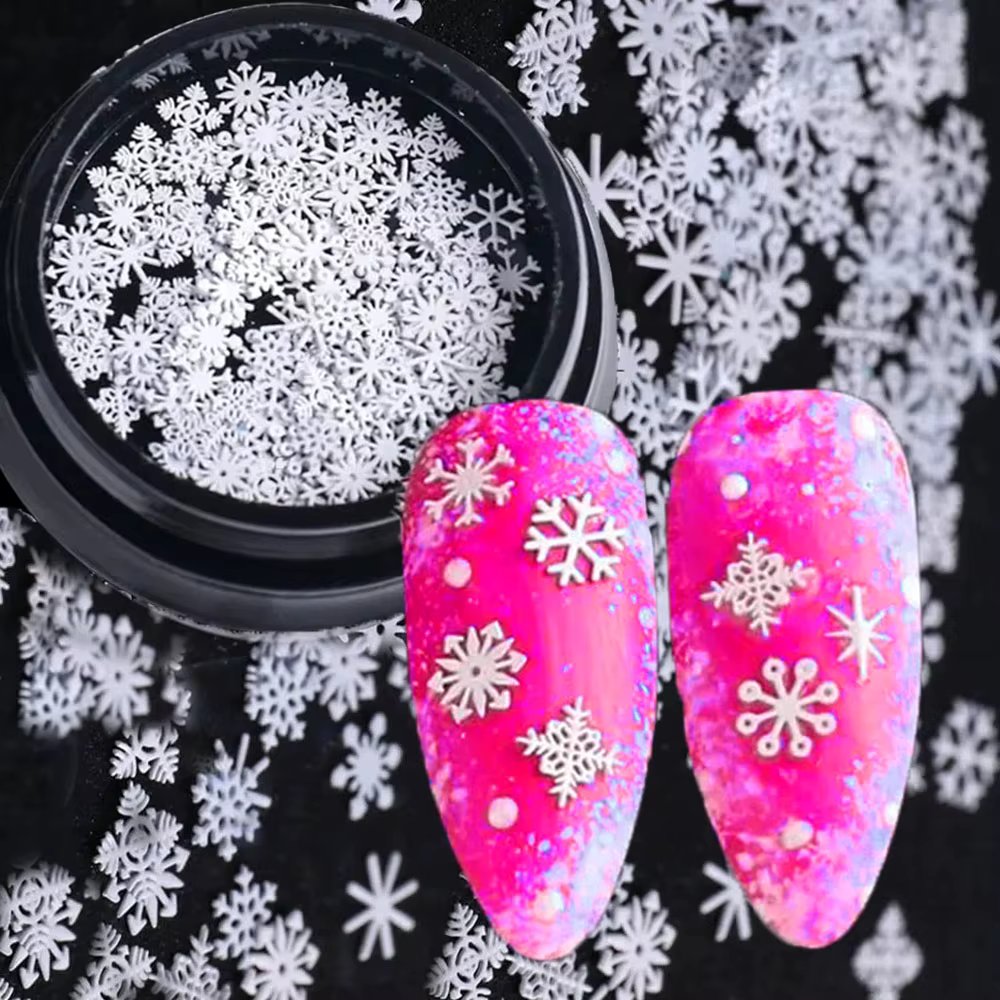 3D Christmas Snowflakes Metal Nail Glitter Sequins Mixed-Design Hollow-Out White Snow Flakes 3D Xmas Alloy SnowFlakes Decor