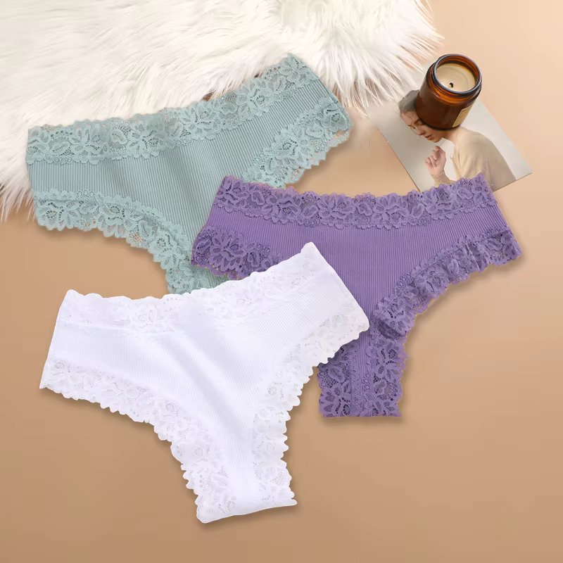 3PCS/Set Cotton Brazilian Underwear for Women Sexy Lace Ribbed Floral Thongs Intimate Female Breathable Solid T-back Bikini S-XL
