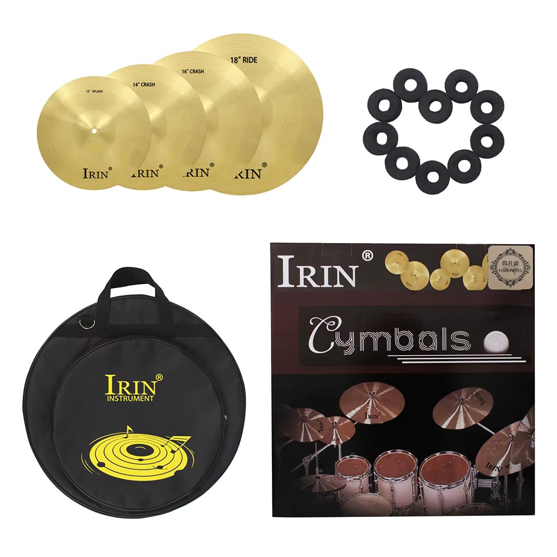 IRIN 4 Pcs Cymbals Kit Set 12/14/16/18 Inch Hi-Hat Drum Cymbals Crash Cymbal Gong Percussion Instruments Parts Accessories