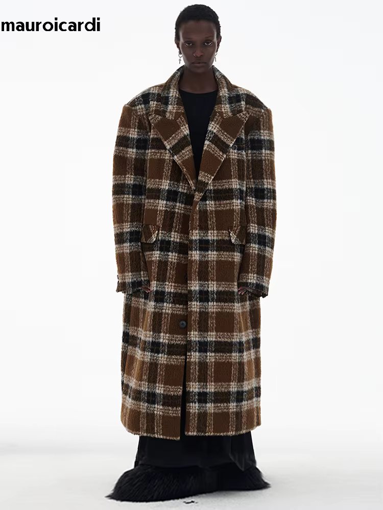Mauroicardi Autumn Winter Oversized Long Thick Warm Colorful Plaid Wool & Blends Coat Men Loose Runway European Fashion 2023