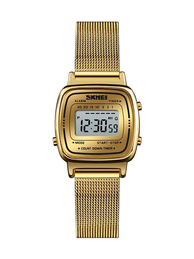Skmei Luxury Stainless Steel Countdown Watch Womens Fashion Ladies Sport Wristwatch Waterproof Small Dial Chrono Digital Clock