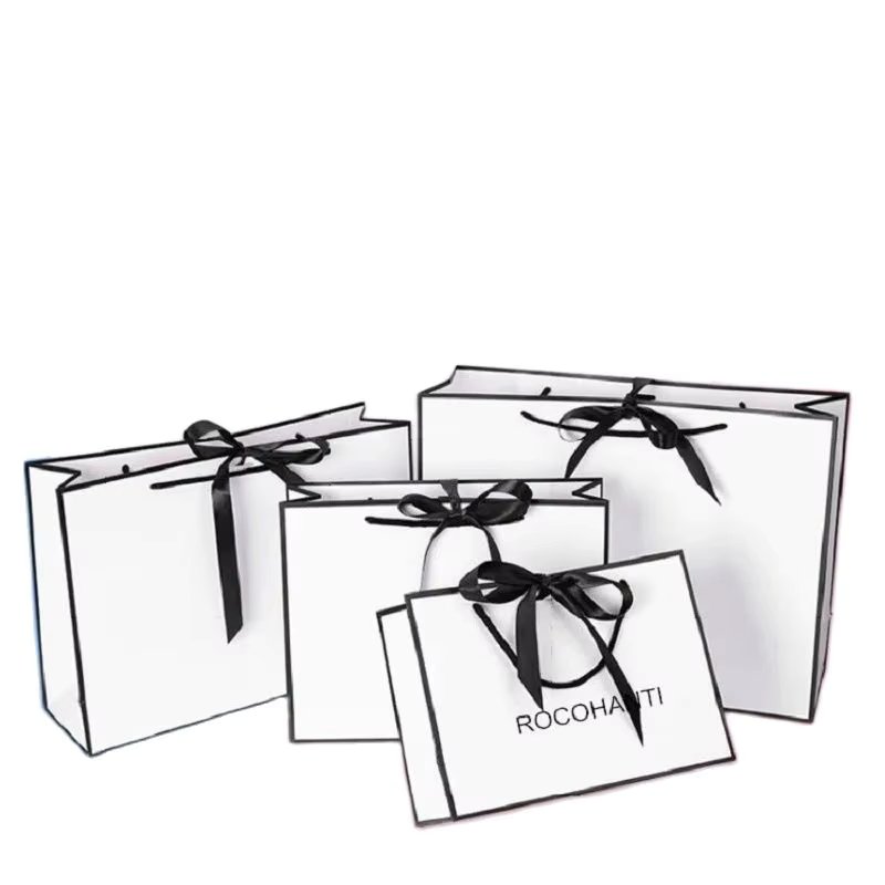 50pcs Custom Your Own Logo Small Business Packaging Black Trim White Paper shopping Gift Bags With Hole for Tying String Bowknot
