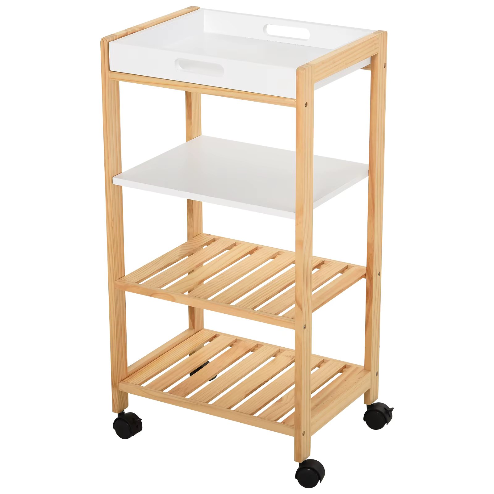 HOMCOM Kitchen Cart Household Service Cart with Removable Tray Shelf Universal Wheels White Wood