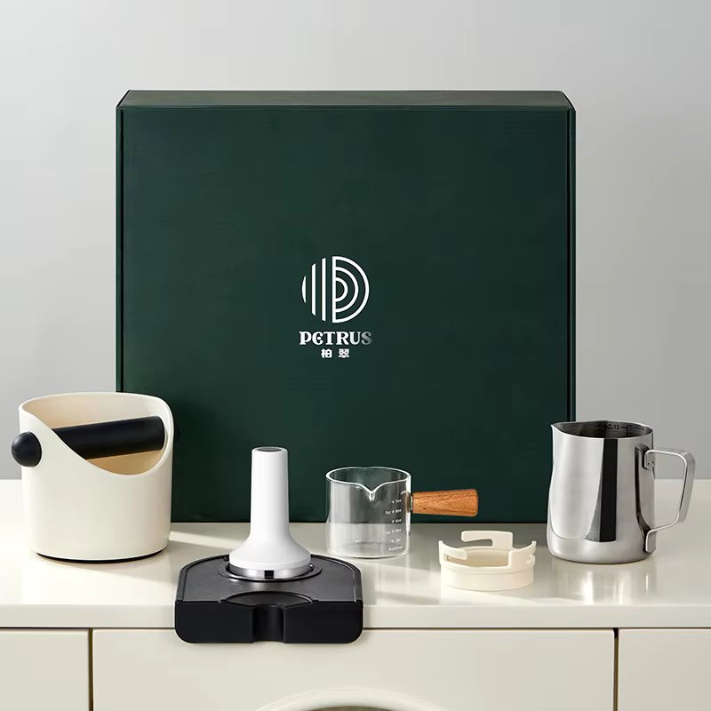 Petrus Espresso Coffee Gift Box with tamper, Espresso Shot Glass,Milk Frothing Pitcher,Coffee Knock Box,Coffee Dosing Ring,Tampe