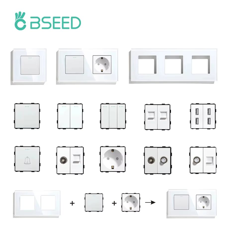 BSEED Wall Light Switches Parts White Glass Frames USB Sockets Function Module DIY EU CAT5 TV Sockets Power ST TEL Outlet Parts