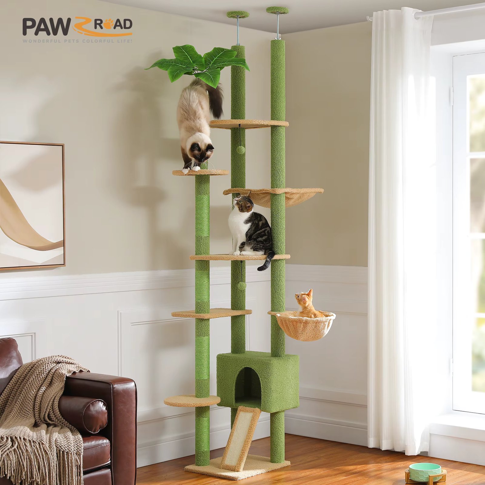 Cactus Cat Tree Floor to Ceiling Cat Tower Adjustable Height with Cat Condo Cozy Hammock and Scratching Post Tall Activity Tree