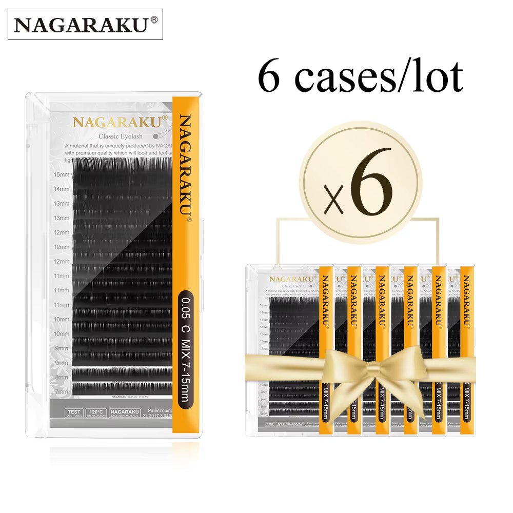 NAGARAKU 6 Cases Classic Mix Eyelash Extension Natural Soft Supplies Synthetic Mink Individual 7-15 Mix 16 Lines High Quality