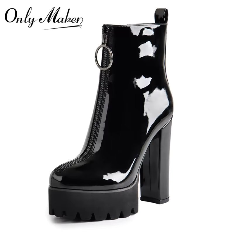 Onlymaker Women Comfy Elastic Platform Round Toe Chunky High Heel Pull on Ankle Booties Plus Size Patent Leather Boots