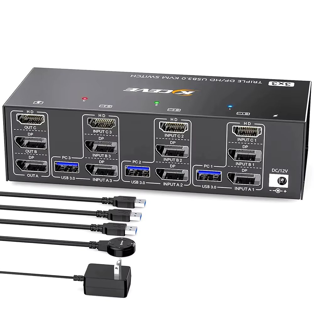 KVM Switch 3 Computers 3 Monitors HD-MI+ DisplayPort USB 3.0 KVM Switcher 8K@60Hz/4k@144Hz Triple Monitor DP KVM for 3 PC