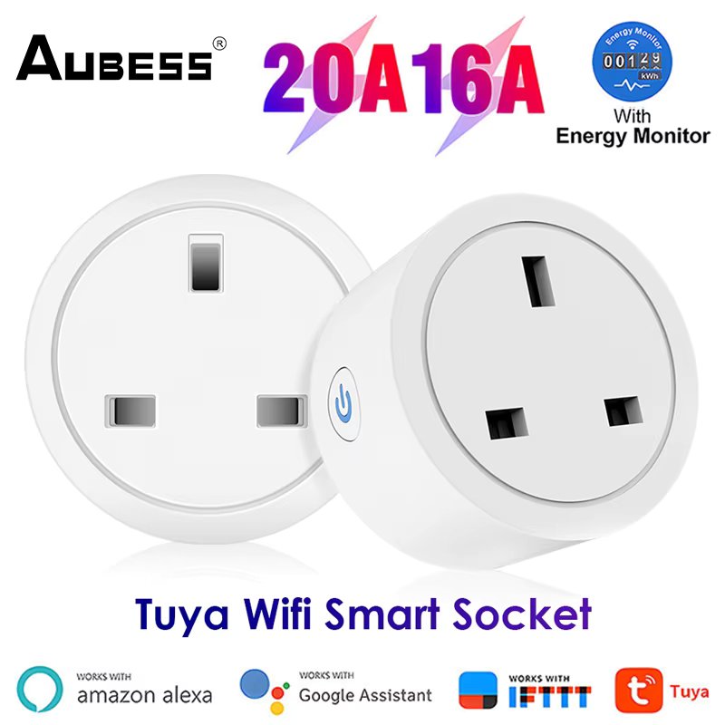 Aubess WiFi Smart Plug Tuya 16A/20A UK Smart Socket With Power Monitoring Timing Function Voice Control Via Alexa Google Home