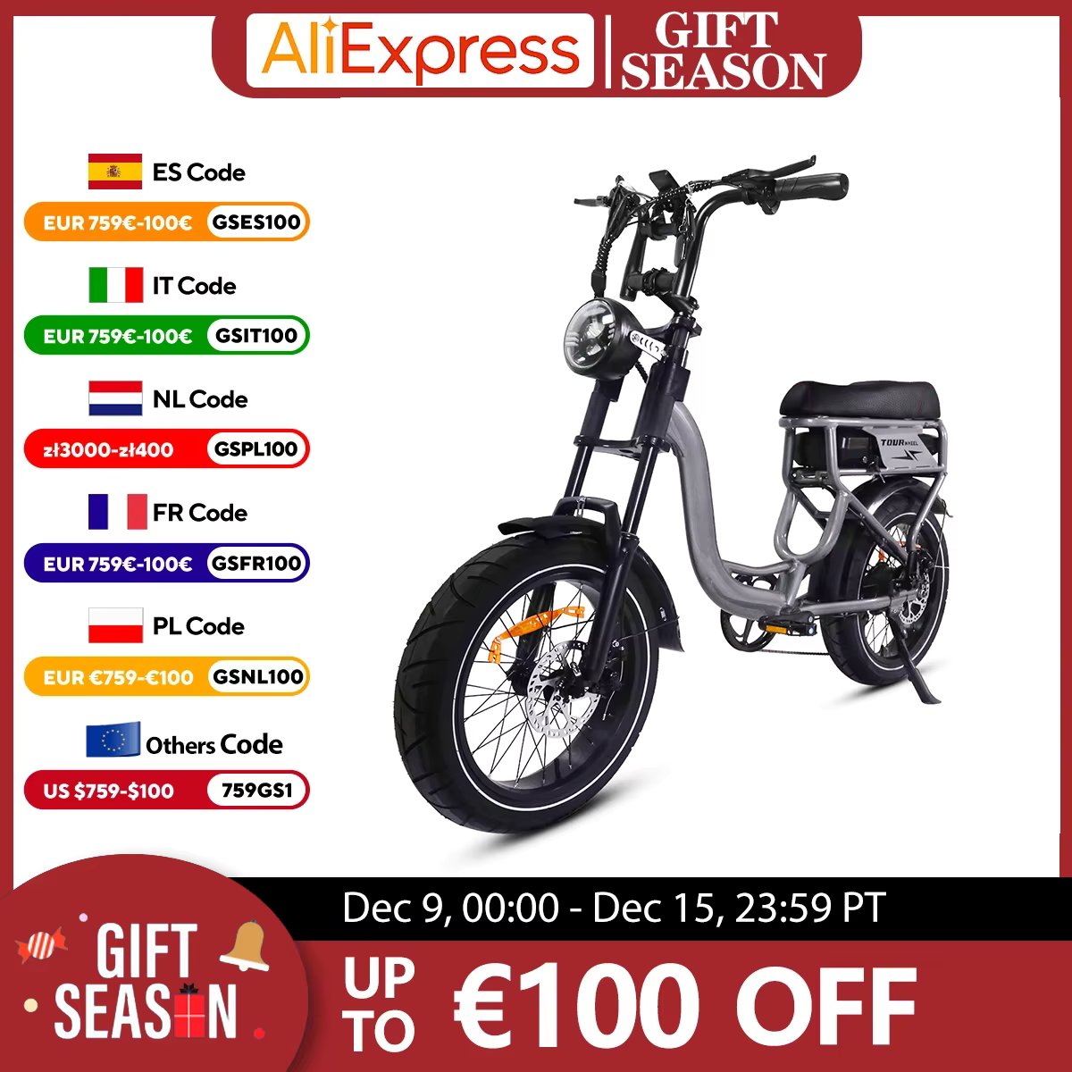 TOURWHEEL T7 Electric Bike 500W Poweful Motor 48V 12.5Ah/18.2Ah Battery 20*4.0 inch Fat Tires Ebike 25km/h Max Speed 80km Range