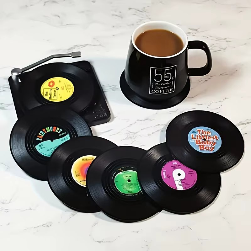6 vinyl record coasters, creative retro classic nostalgic rock CD anti slip insulation pads, desktop decoration