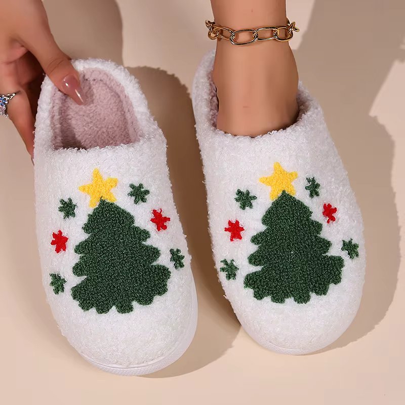 Cartoon Christmas Fluffy Home Slippers Women 2024 Winter Comfort Soft Sole Indoor Cotton Slippers Woman Funny Shoes House Slides