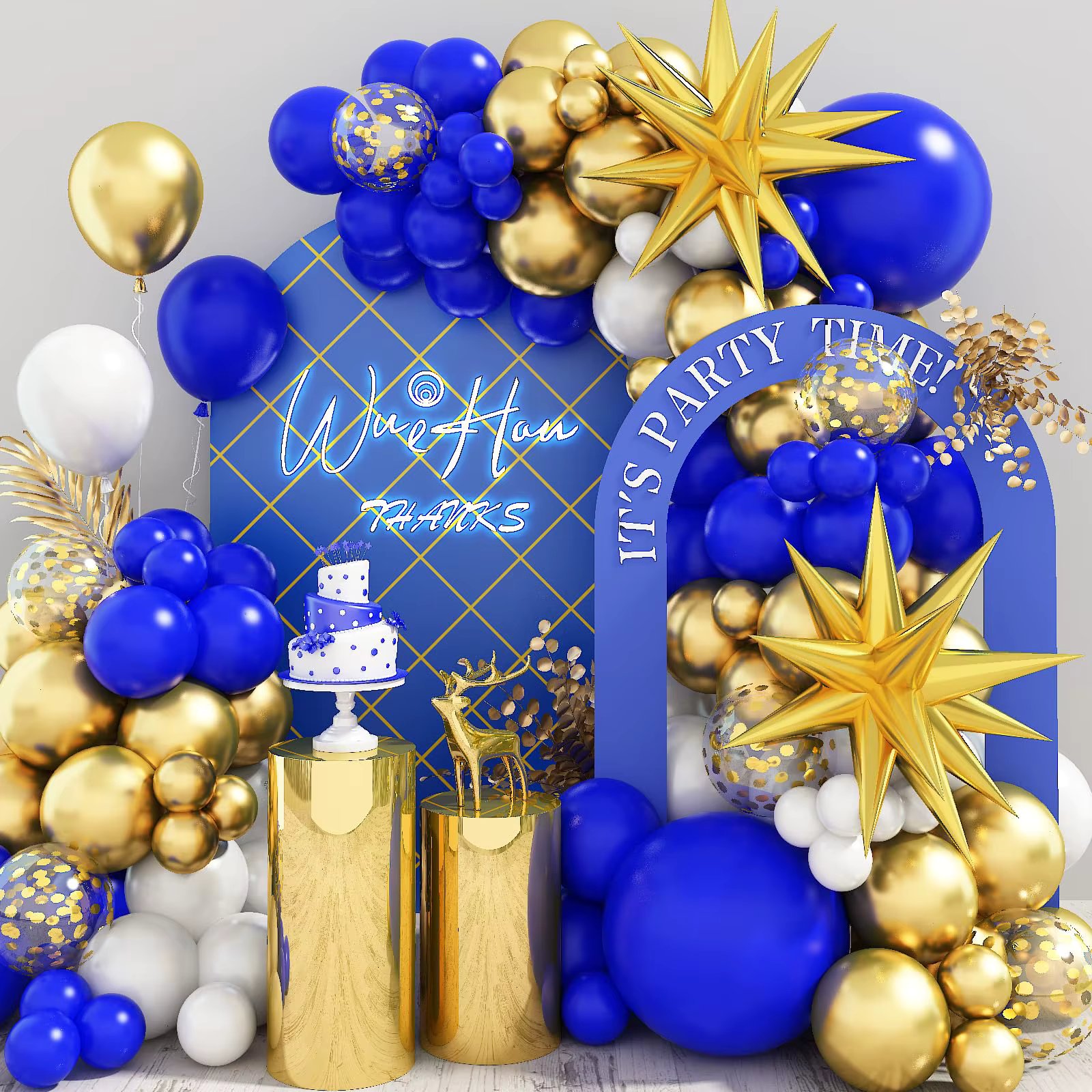 107PCS Royal Blue and Gold Balloon Arched Garland Set Suitable for Anniversary, Wedding, New Year, and Birthday Party Decoration