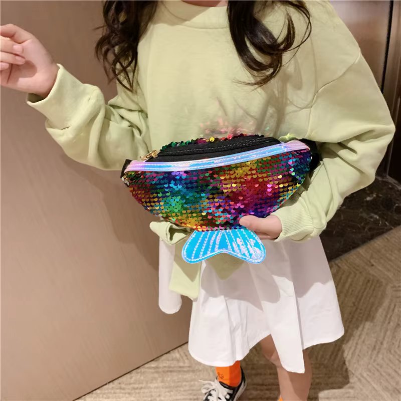 Cute Creative Children's Small Shoulder Bag Fashion Sequin Fishtail Girls Waist Pack Wallet Princess Chest Bags Handbags Gifts