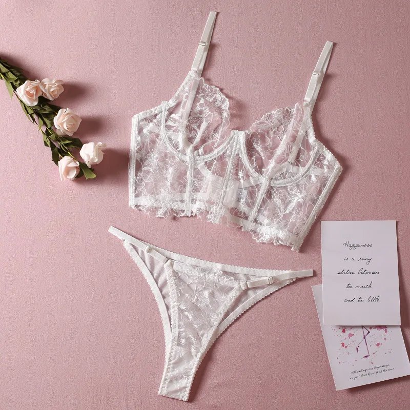 White Embroidery Lingerie Fishbone Bra and Panty Erotic Wedding Underwear Suit G-string Vest Sexy Perspective Brief Bilizna Set